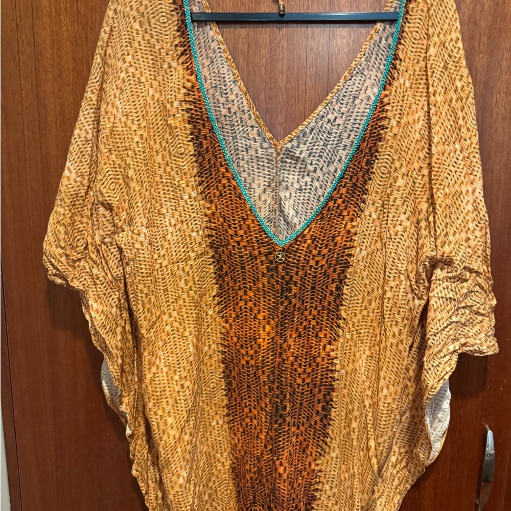 Vix Orange and Brown Blouse with Blue Trim